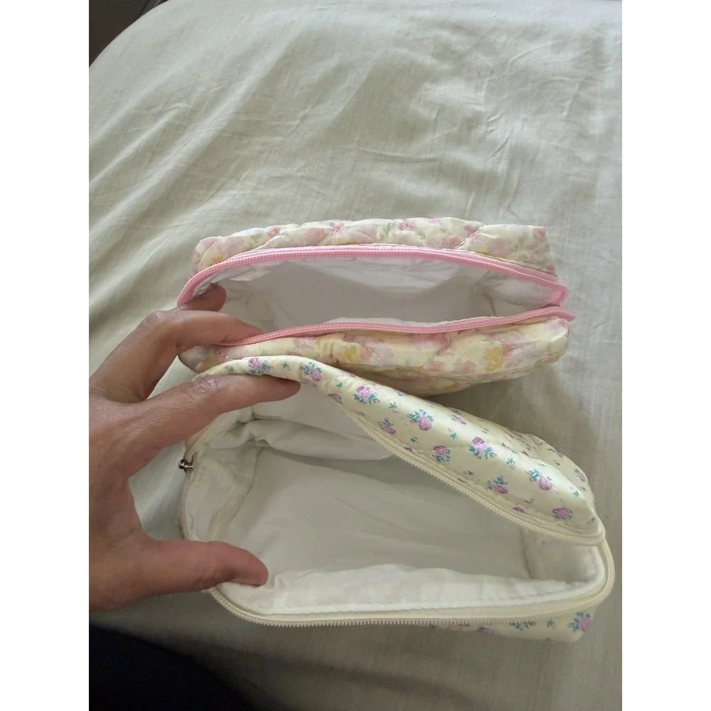 Handmade Quilted Floral Cosmetic Bag Set Cottagecore Coquette Makeup Pouches